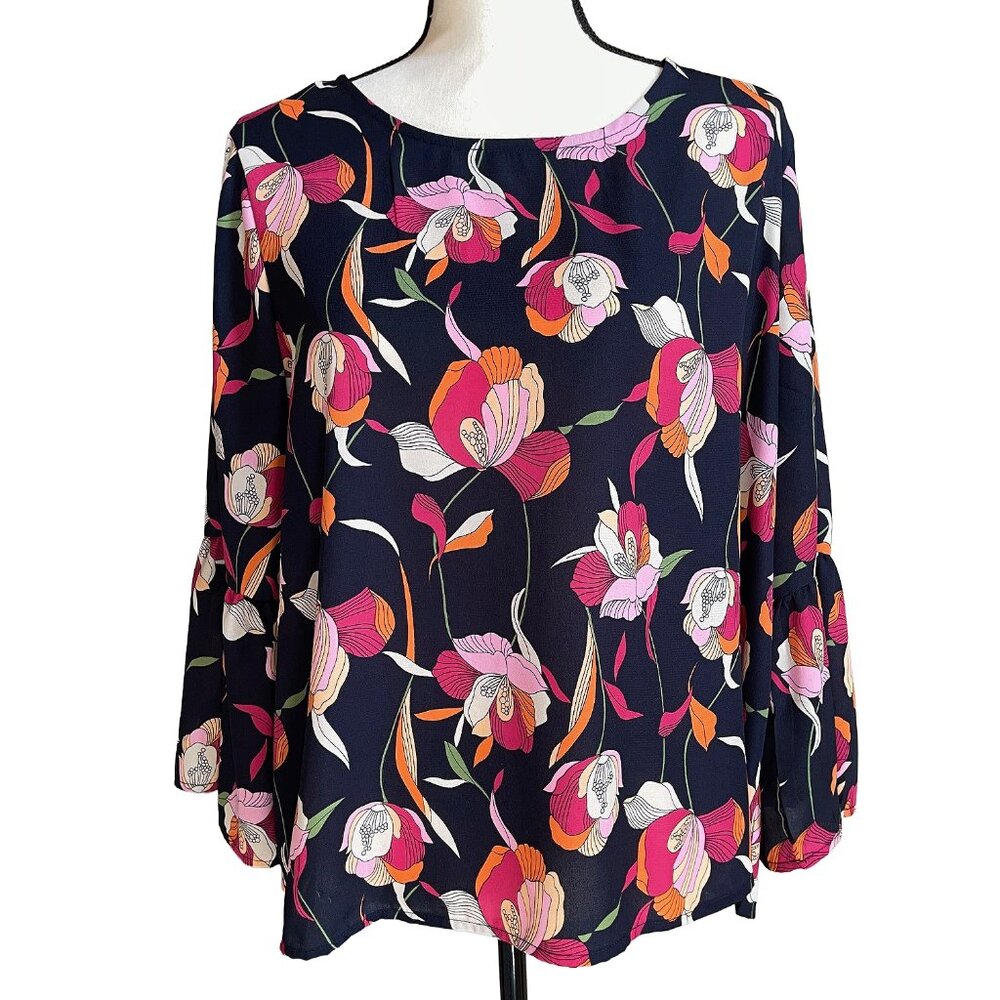 ANTHRO W5 Navy Pink Orange Floral Top Blouse Bell Sleeves XL